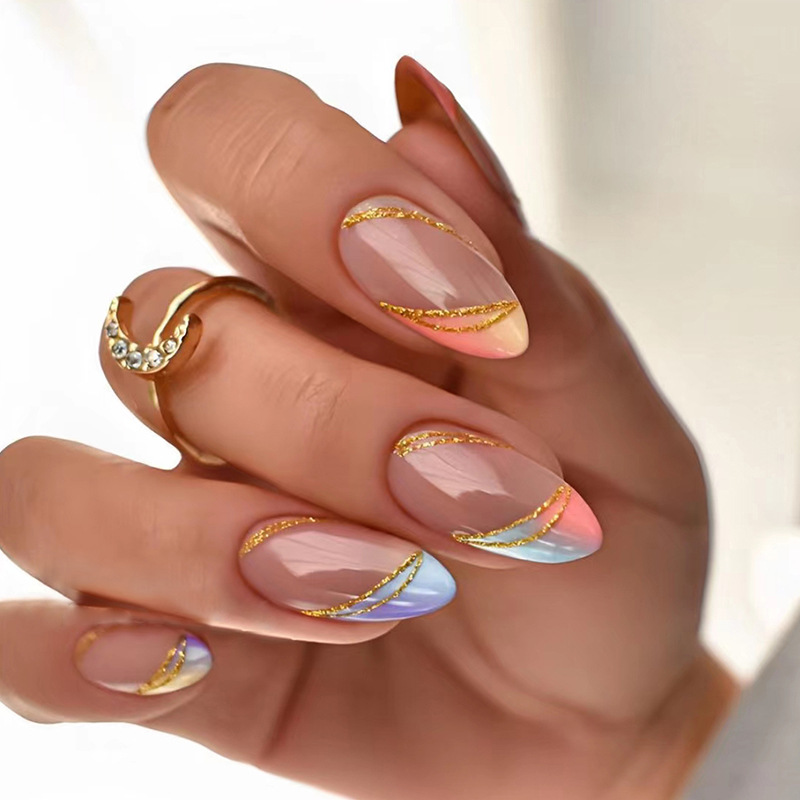 24-teiliges Ripple-Gold-Mandel-N-Set mit Kleber, tragbar, glitzernd, rosa, falsches N, langes, fertiges Fake-N zum Aufdrücken_voghion.com