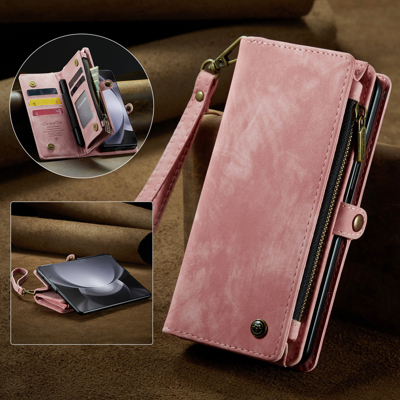 Zipper Pocket Wallet Case for Samsung Galaxy Z Fold 5 with S Pen Holder Vintage Vegan Leather Wrist Strap Magnetic Stand Cover_voghion.com