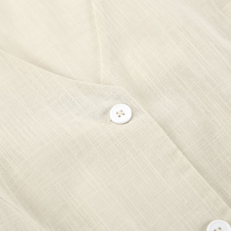 Traje informal de dos piezas de estilo europeo y americano, con cuello en V, sin mangas, de algodón y lino, color caqui francés, 2025_voghion.com
