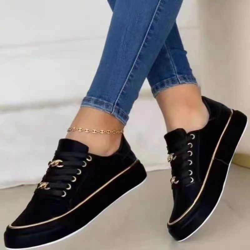 Large 23 Thick Sole Chain Sports Style Low Top For Women's Leather Front Lace Up Casual Single Shoe_voghion.com
