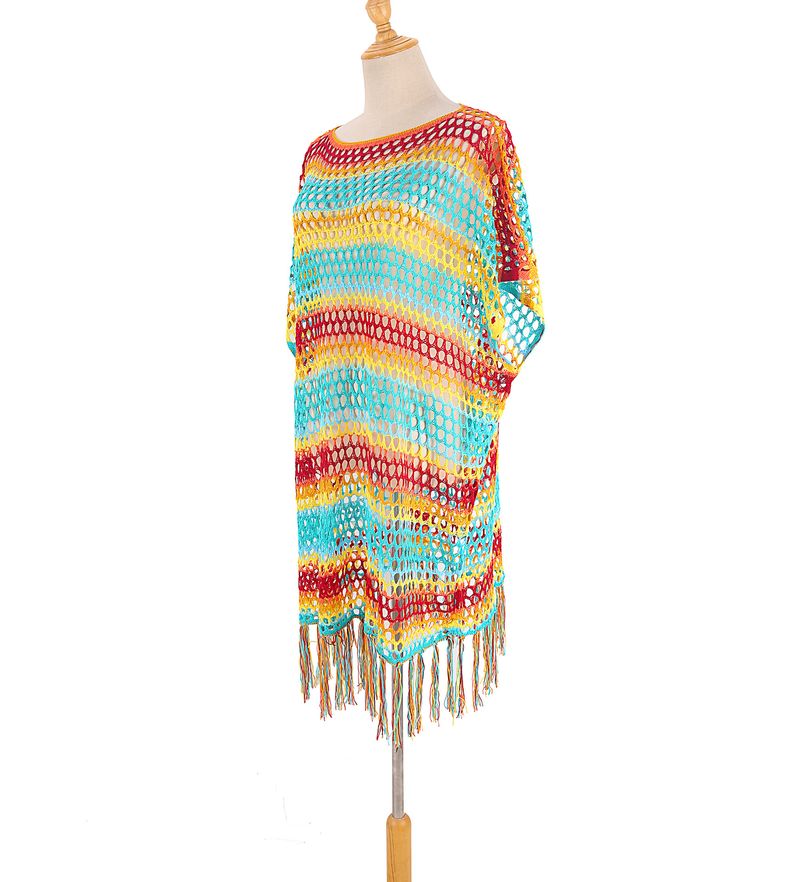 Women's Crochet Fringe Beach Cover Up Short Kimono Bikini Wrap Swimwear Sheer Summer Vacation Boho Chic_voghion.com