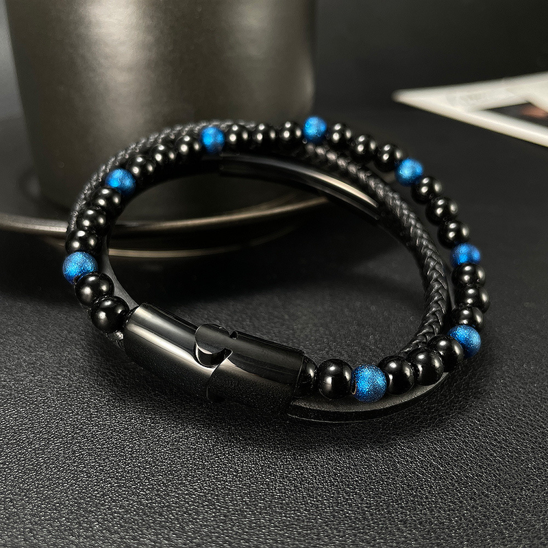 Multi-Layer Handmade Woven Leather String Bracelet Black Agate Beaded Bracelet For Men_voghion.com
