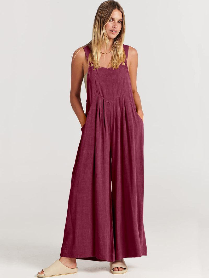 Women's clothing solid color loose casual cotton and linen overalls jumpsuit_voghion.com