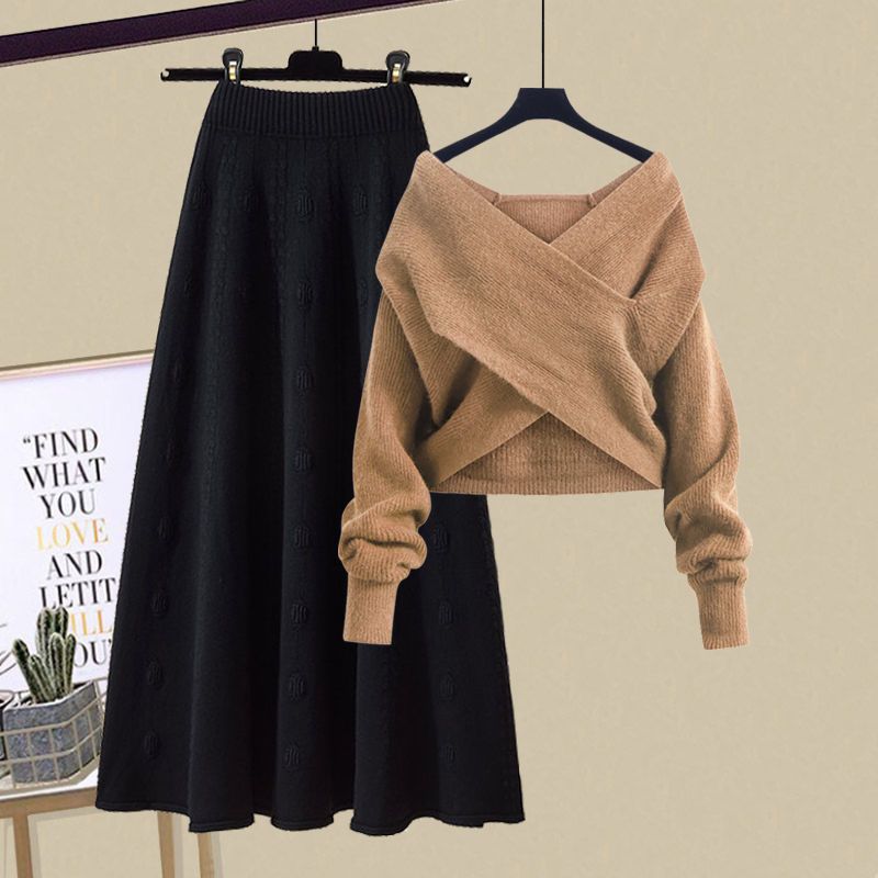 Inspired Women's Autumn Winter Knitwear Set - Oversized Sweater & Slimming Midi Skirt (Available In 4 Elegant Color Combinations)_voghion.com