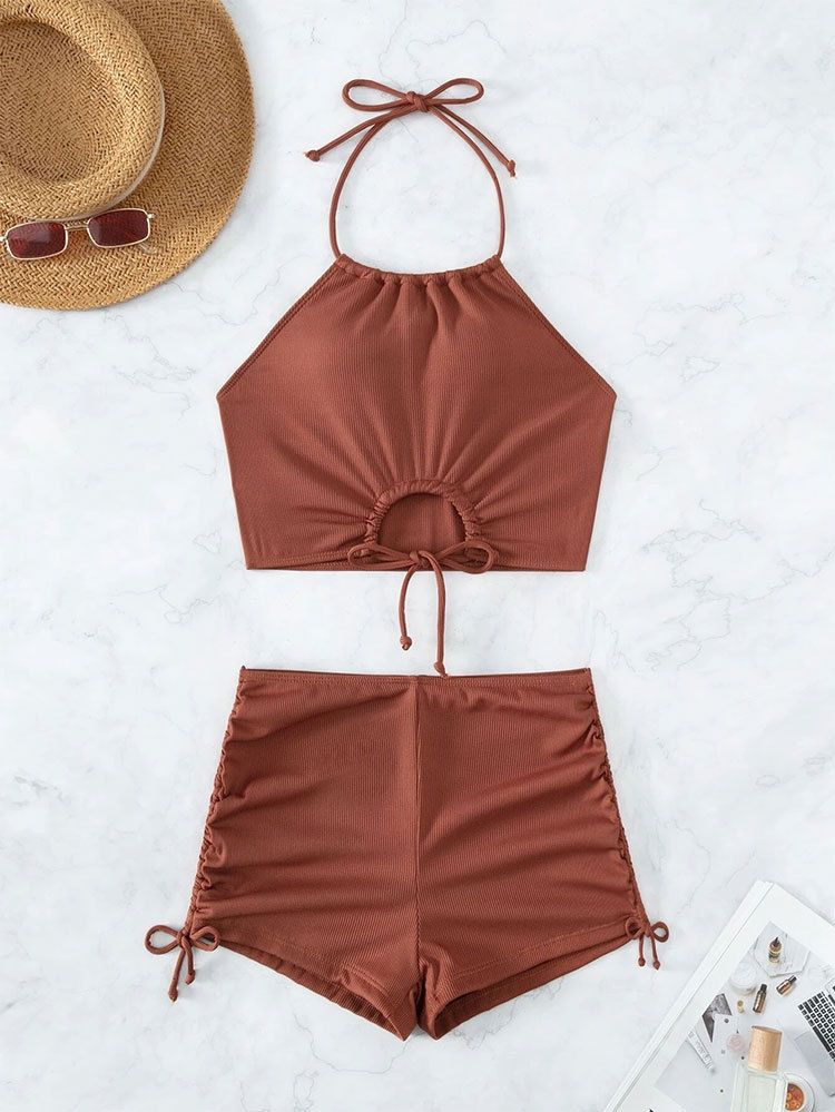 Maillot de bain deux pièces fendu, sexy, taille haute, col licou, couleur unie, bretelles_voghion.com