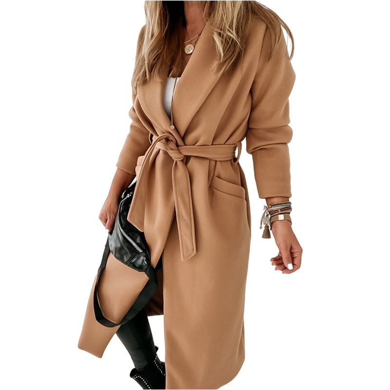 Eleganter langer Wollmantel für Damen – Trenchcoat in Übergröße mit Gürtel, Bürokleidung, Herbst-Winter-Mode_voghion.com