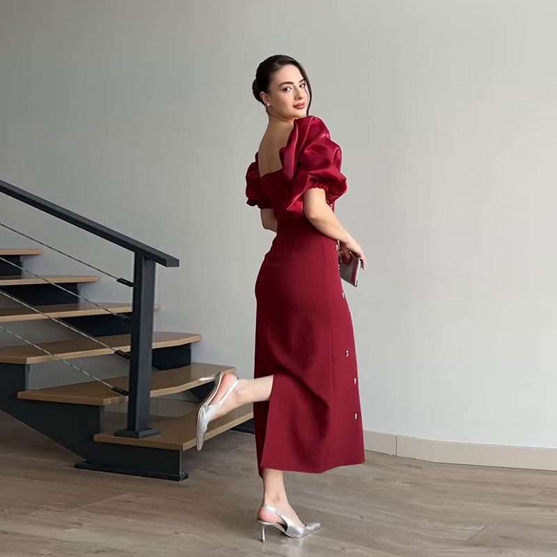 Gonna lunga a pois retrò alla moda con colletto semiaperto, vestibilità aderente, da donna_voghion.com