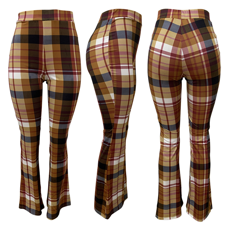 Pantalones rectos con cintura elástica y estampado digital holgados de tendencia urbana a cuadros para mujer_voghion.com
