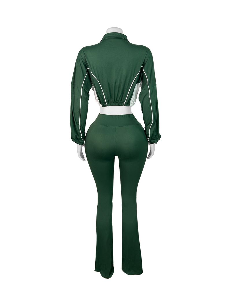 Women's Stylish Two-Tone Contrast Stitching Zip-Front Flared Pants Set – Trendy Office & Casual Outfit_voghion.com