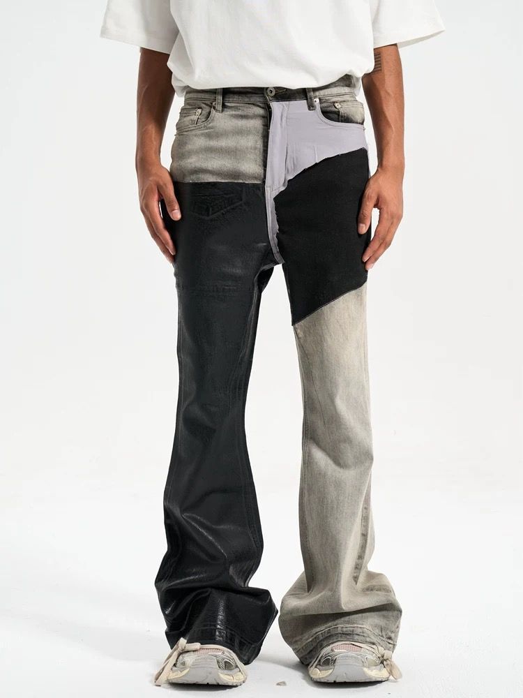 Herrenbekleidung Machetenförmige, schlammgelb gefärbte, leicht ausgestellte, drapierte, gewaschene, schmale, gerade Jeanshose im Ödland-Stil mit weitem Bein_voghion.com