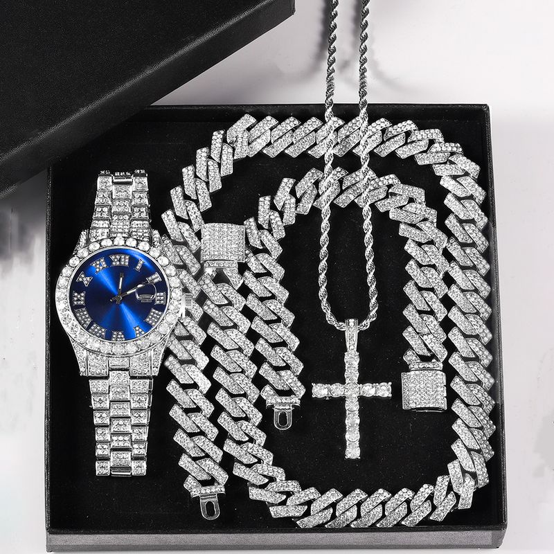 Conjunto de relógio + pulseira + colar com caixa de presente, pingente de cruz e corrente cubana, estilo hip hop, em promoção_voghion.com