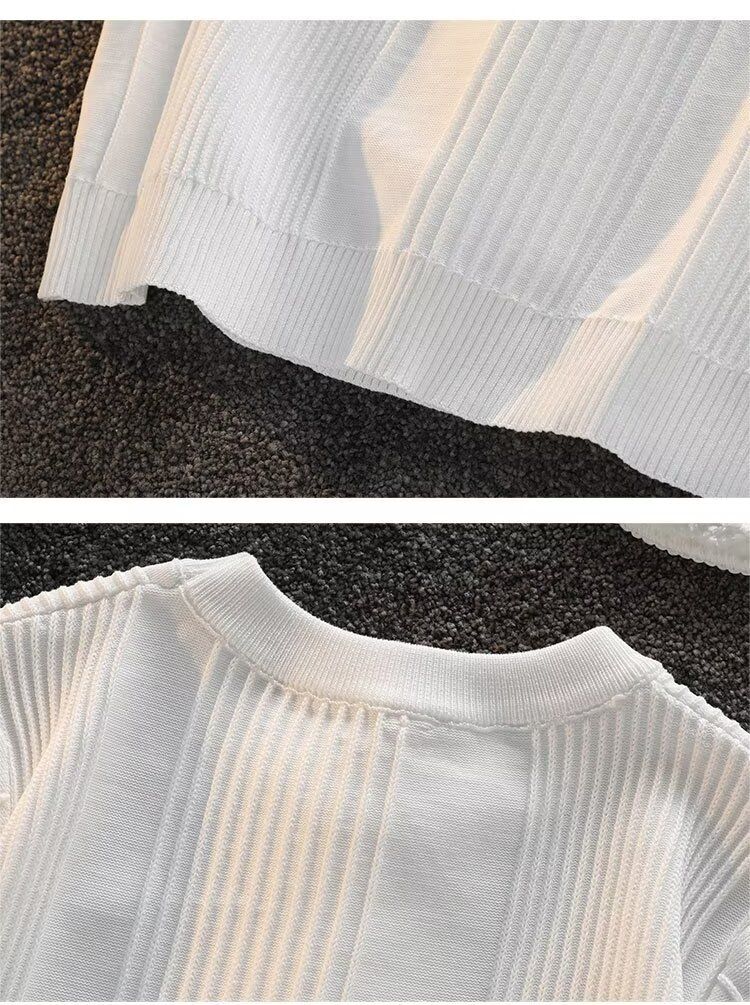 Männerkleeder Kuerzärm Pullover fir Männer am Summer, einfacht an villfältegt Design, gestreift hallefärmlech Ronnhals gestrickt T-Shirt_voghion.com