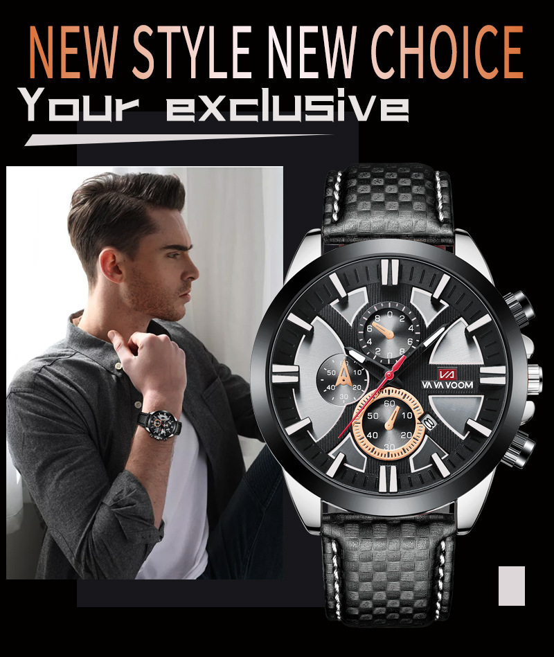 VA VOOM Waterdicht Multifunctioneel Zes-pins Kalender Sport Herenhorloge met Leren Band_voghion.com