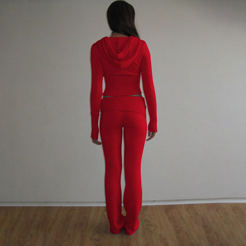 Women's knitted hooded suit women's fashion sexy high-waisted long-sleeved trousers two-piece set_voghion.com