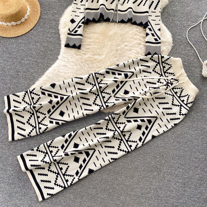 Abbigliamento da donna Completo in maglia leggero e lussuoso stampato in mille colori oro per donna autunno e inverno top con cerniera larga + pantaloni aderenti a vita alta_voghion.com