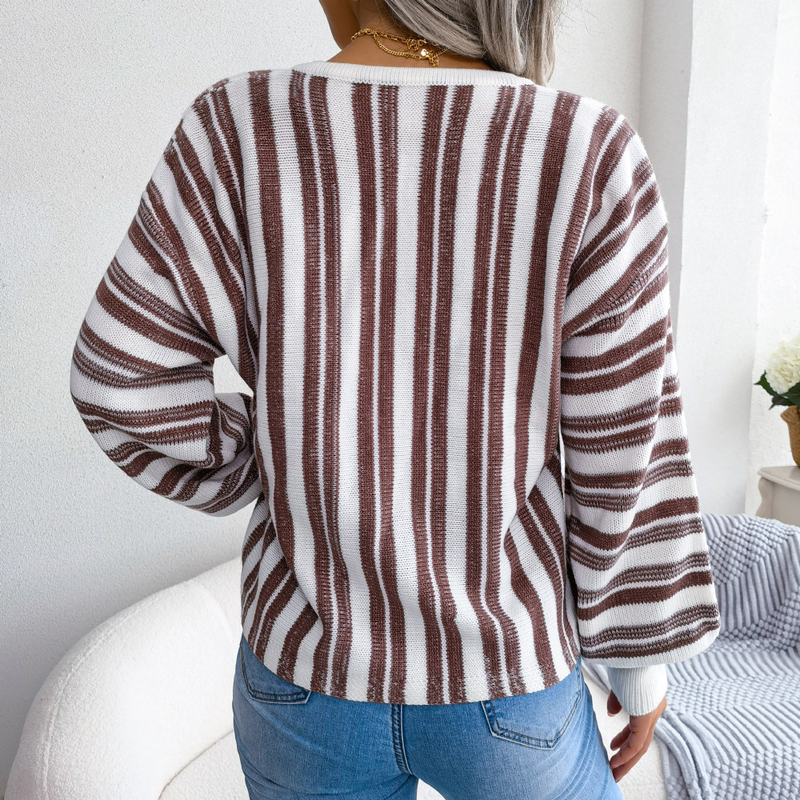 Maglione pullover a maniche lunghe con laccetti e motivo a blocchi di colore, stile Ins, autunno inverno, moda donna_voghion.com