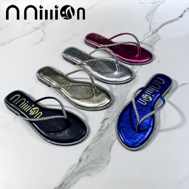 Chaussons pour femmes, ballerines pour femmes, tongs plates, célébrités d'Internet, vêtements d'extérieur, sandales à surface diamantée, pantoufles à bout rond à la mode pour femmes_voghion.com