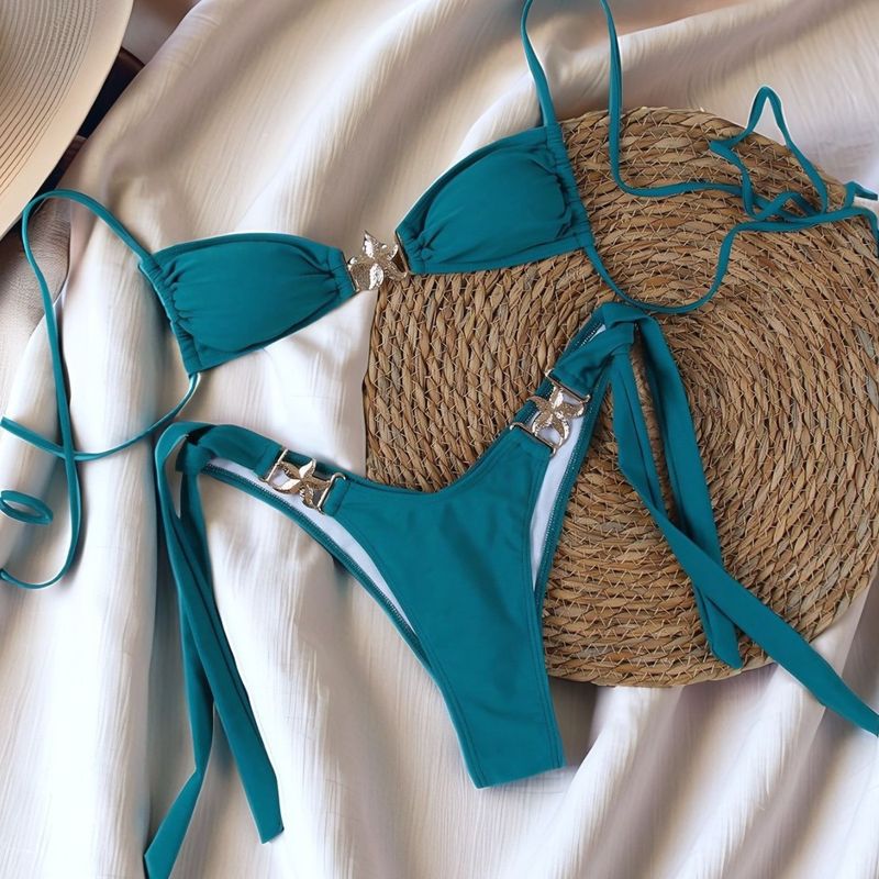 Set bikini da donna con cinturino a stella, coulisse in metallo, vita bassa, costume da bagno sexy_voghion.com