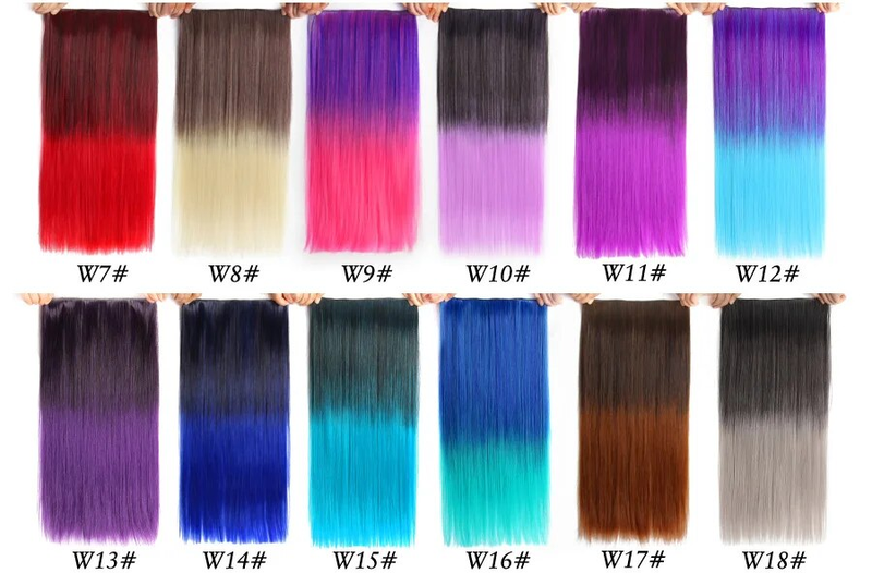 22'' Regenbogen-Synthetik-natürliche Clip-On-Verlängerungs-Haarteile, Kunsthaar-Clip-in-Einteiler, 5 Clips, mehrfarbig, gewellt_voghion.com