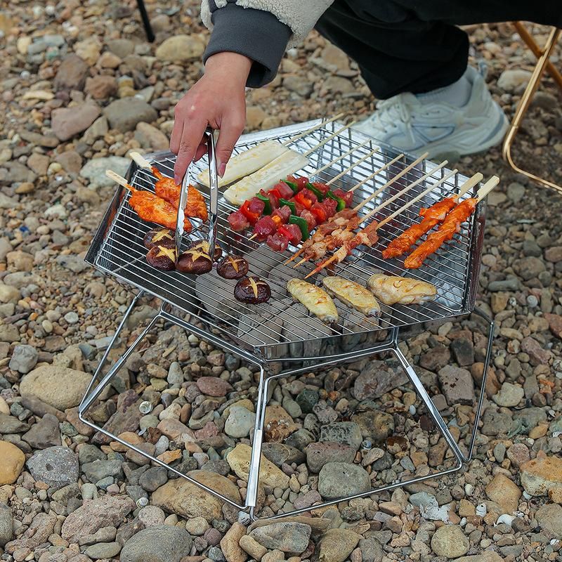 New Outdoor Hexagonal Firewood Multi functional Charcoal Stove Barbecue Rack Camping Burning Platform Folding Portable_voghion.com