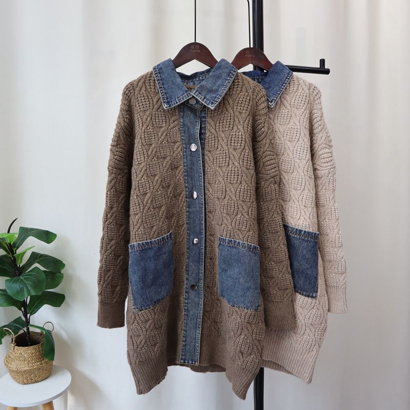 Cardigan lungo in maglia di jeans con cuciture larghe, stile casual, per donna, autunno e inverno, nuovo coreano_voghion.com