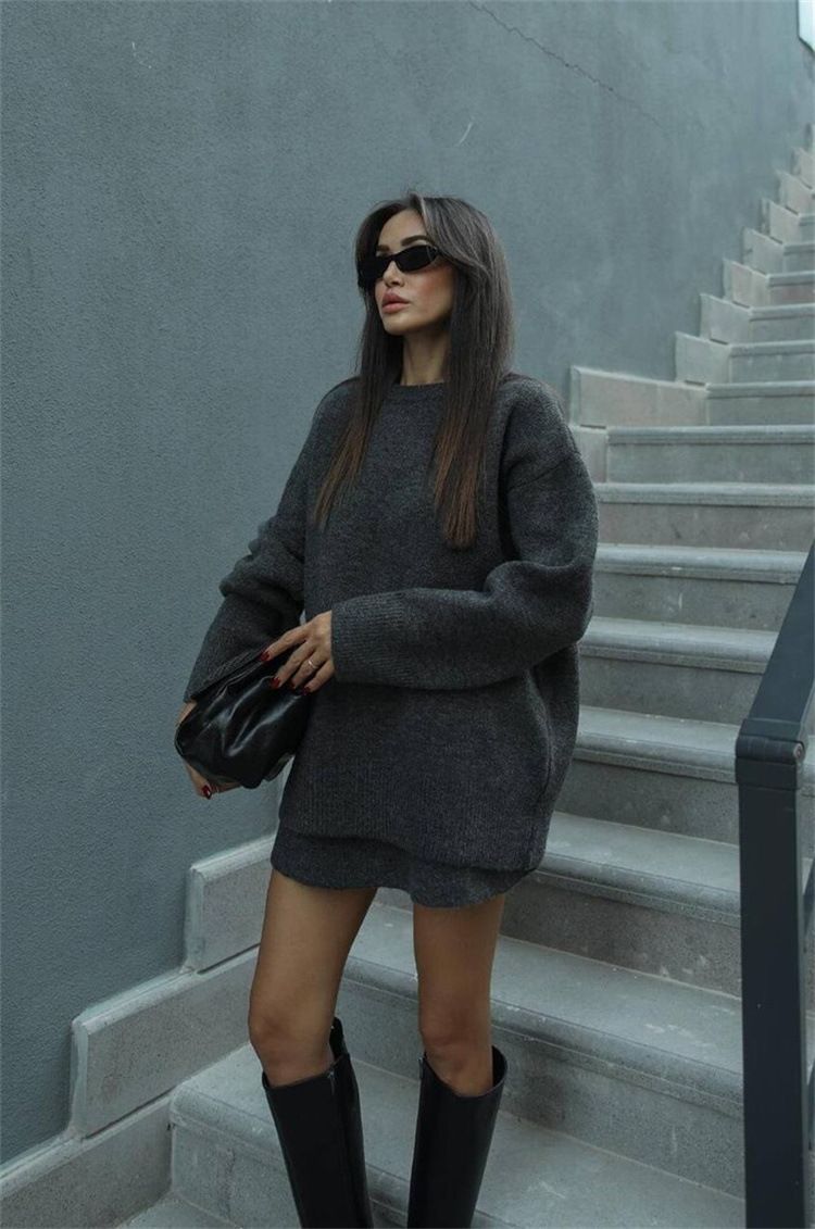 Set van oversized gebreide trui en minirok voor dames (ademend polyester, grijs/beige/rood/zwart/karamel, S/M/L/XL, streetwear)_voghion.com