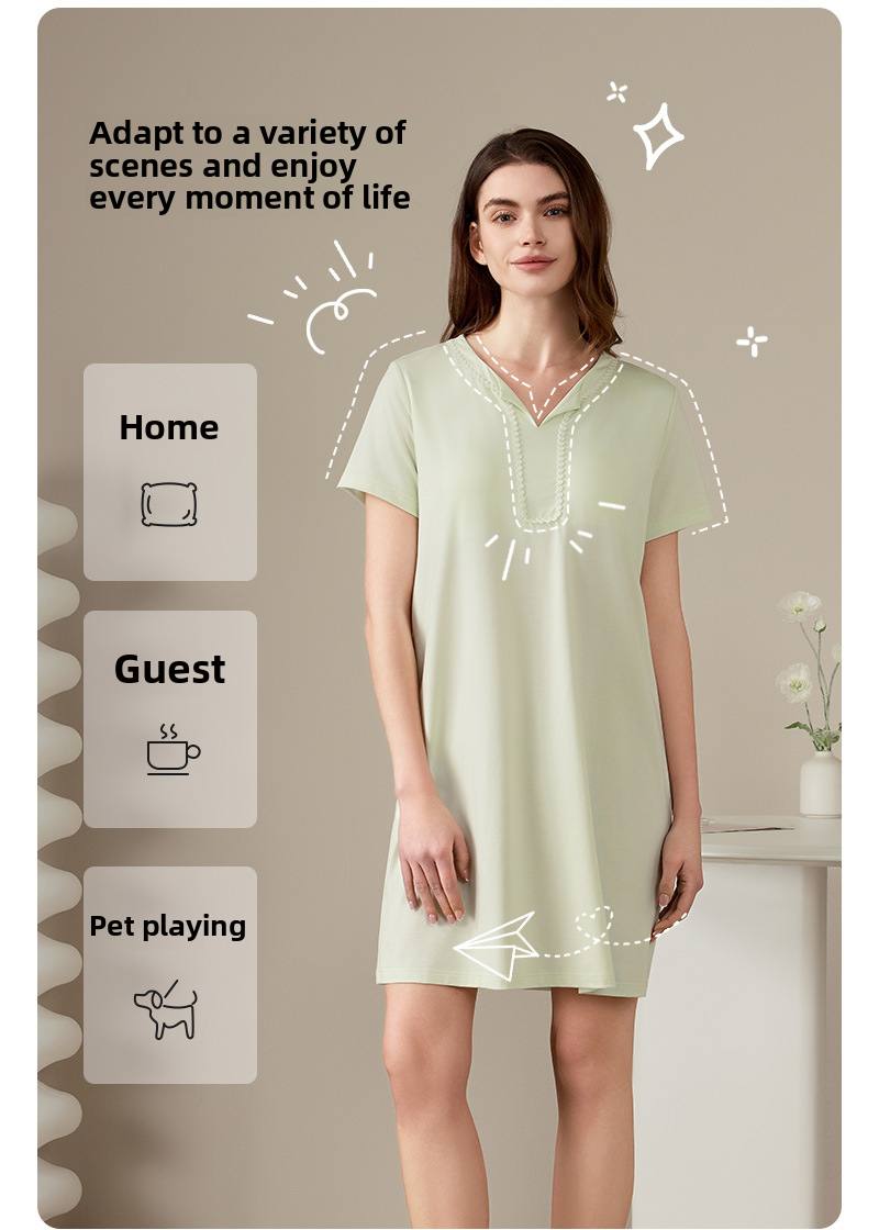 Sommer-Lanjing-Modal mit Stilleinlagen, BH-Cups, Nachthemd, Damen-Nachtwäsche aus Baumwolle mit kurzen Ärmeln, mittellang bis lang, Tencel_voghion.com