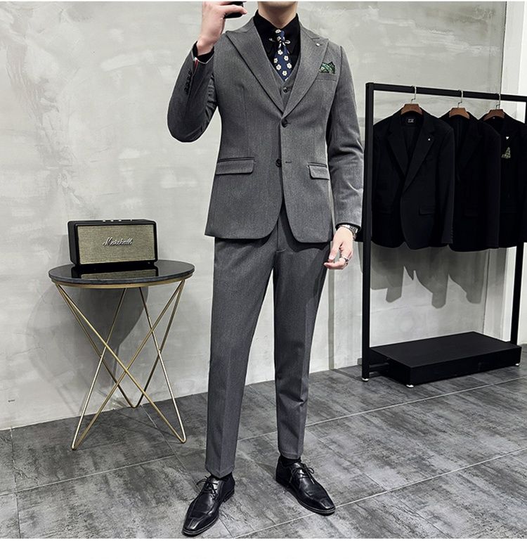 Costume trois pièces pour homme, style coréen, revers cranté, simple boutonnage, couleur unie, idéal pour un mariage. En stock._voghion.com