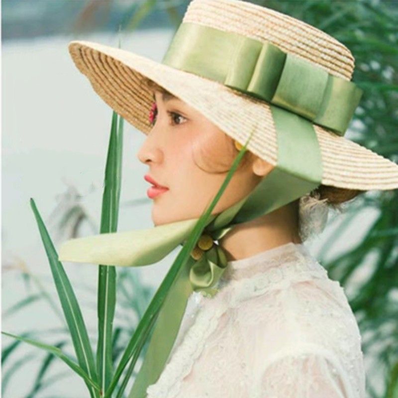 Vendita calda Vendita calda 15/18cm Cappelli da spiaggia a tesa larga per le donne Elegante romantico Grande cappello da sole con protezione UV con cravatta al collo Oversized Flat Top_voghion.com