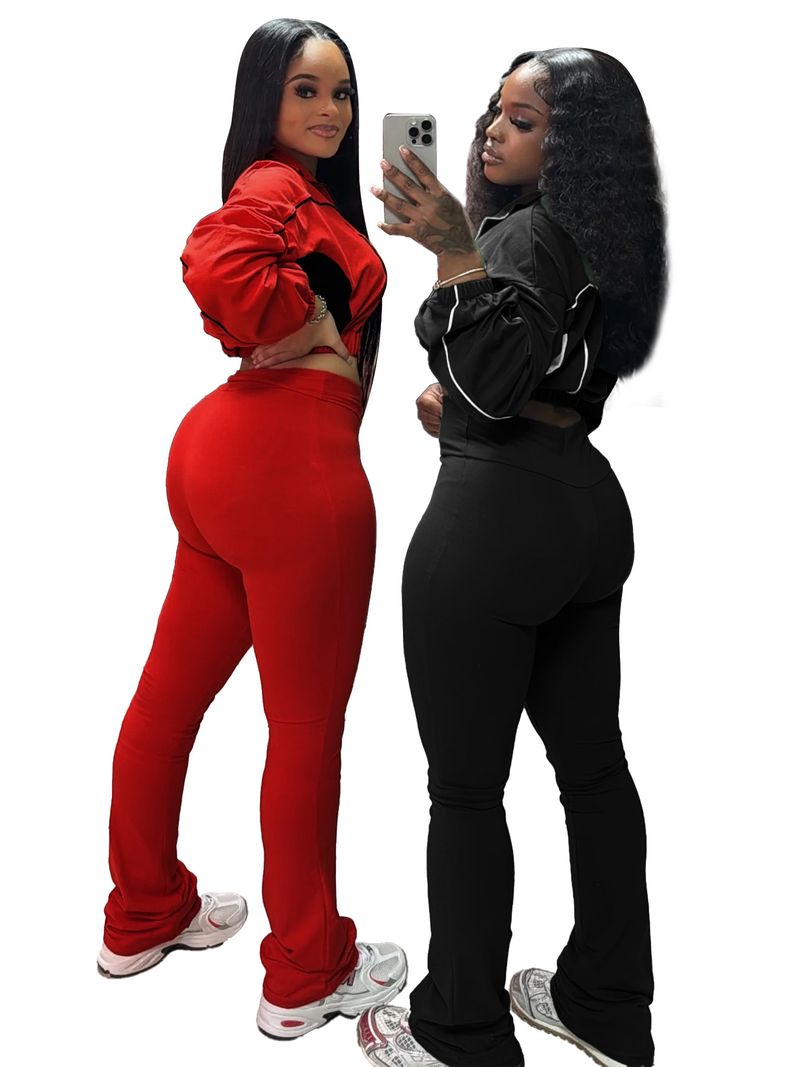 Women's Stylish Two-Tone Contrast Stitching Zip-Front Flared Pants Set – Trendy Office & Casual Outfit_voghion.com