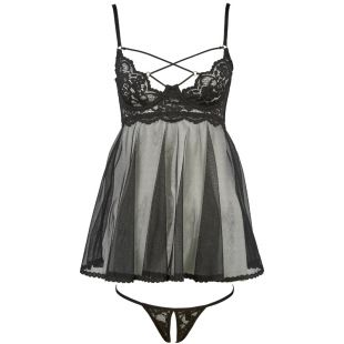 KOOSSOASIS Camicia da notte con spalline incrociate, in pizzo e rete, trasparente, con perizoma aperto sul cavallo, set da notte sexy nero_voghion.com