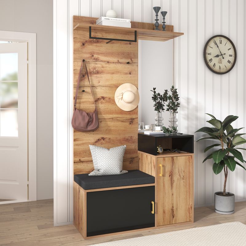 Ensemble garde-robe avec 4 patères, miroir, meuble à chaussures, meuble d'entrée mural avec étagère de rangement supérieure et banquette d'entrée – Installation murale avec perçage nécessaire_voghion.com