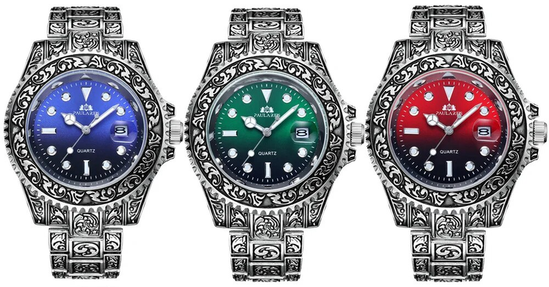 Luxe sculpté Antique Vintage lumineux or Rose jaune or argent rouge vert bleu dégradé classique Quartz hommes_voghion.com