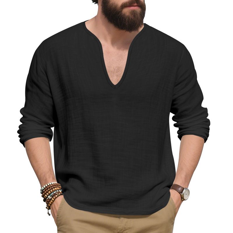 Maglietta a maniche lunghe da uomo in lino, casual, traspirante, con scollo a V, taglia grande, nuova collezione autunno-inverno_voghion.com