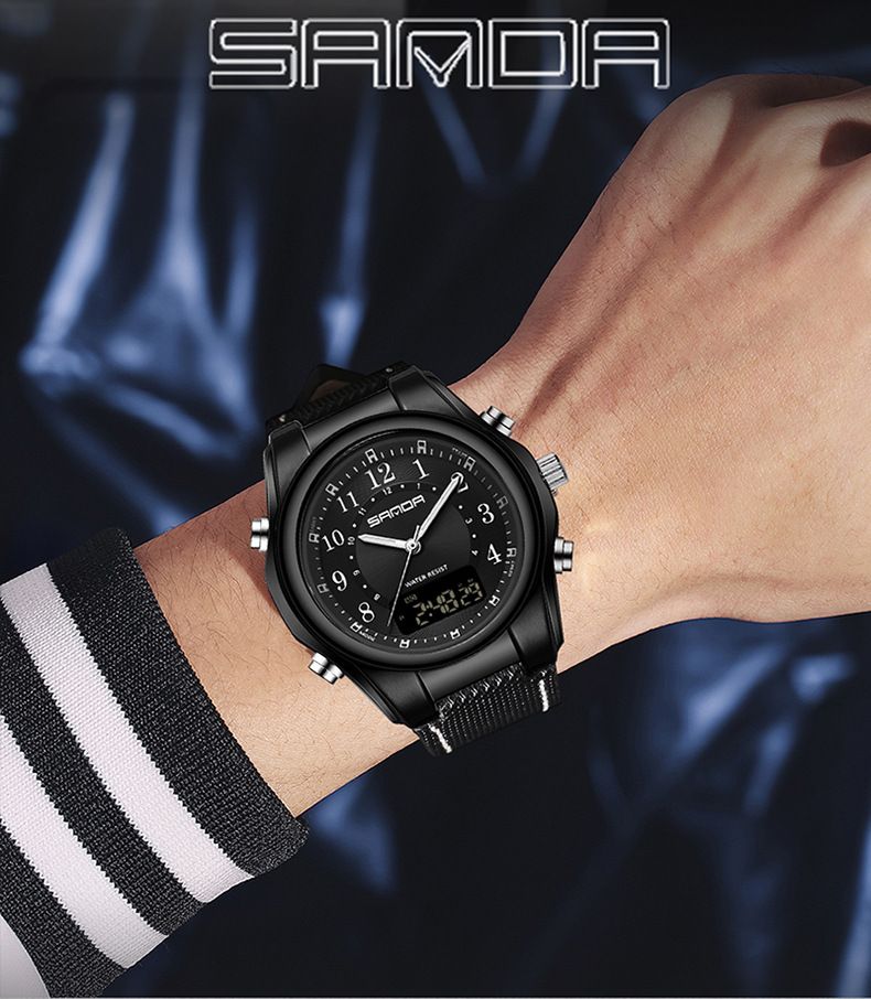 Digital-Analog-Armbanduhr für Herren mit Alarm, Stoppuhr, Nachtlicht, 50 m wasserdicht, Armband aus Edelstahl/PU-Leder, rundes Zifferblatt, 48 mm_voghion.com