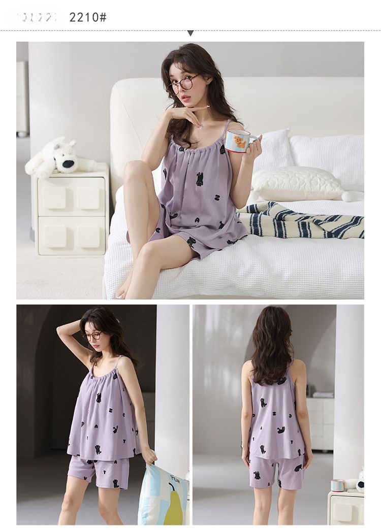 Lässiges Sommer-Pyjama-Set | Lockere Hosenträger für Damen, 100 % Baumwolle, Größe S – Frische Shorts mit Brustpolstern_voghion.com