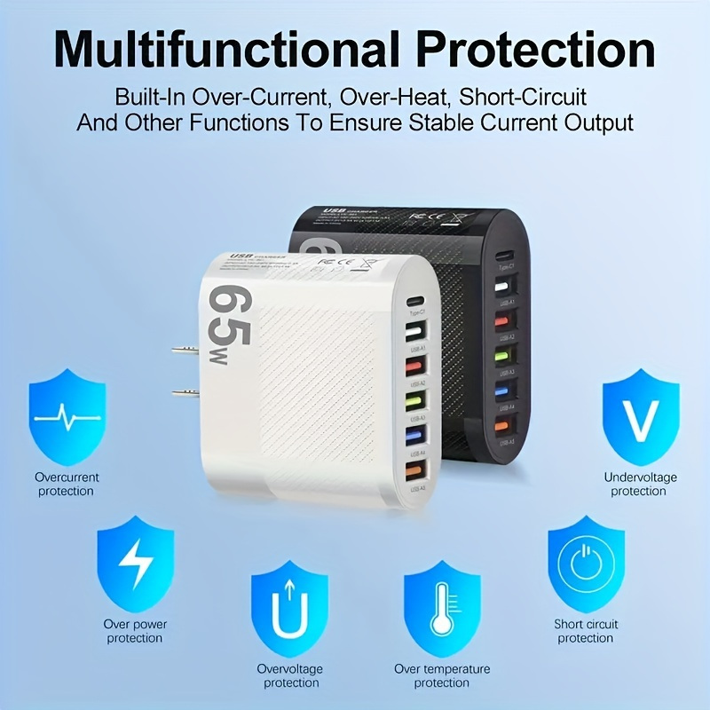 Universele 65W 6-poorten snel opladen PD-wandladers Snel opladen, USB-C-reisadapter met meerdere poorten voor_voghion.com