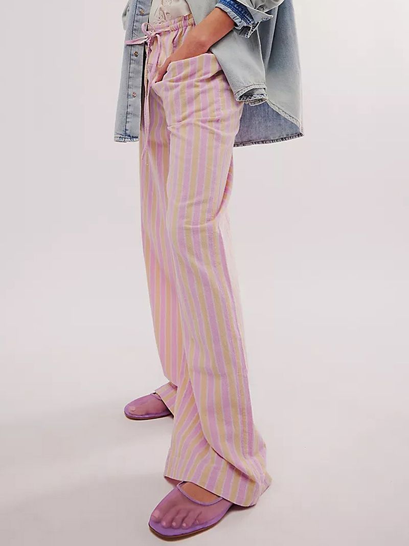 Vente chaude Rayé Loungewear Femmes Années 2000 Esthétique Large Jambe Y2K Cordon Taille Haute Décontracté À Carreaux Palazzo Pantalon Pantalon_voghion.com
