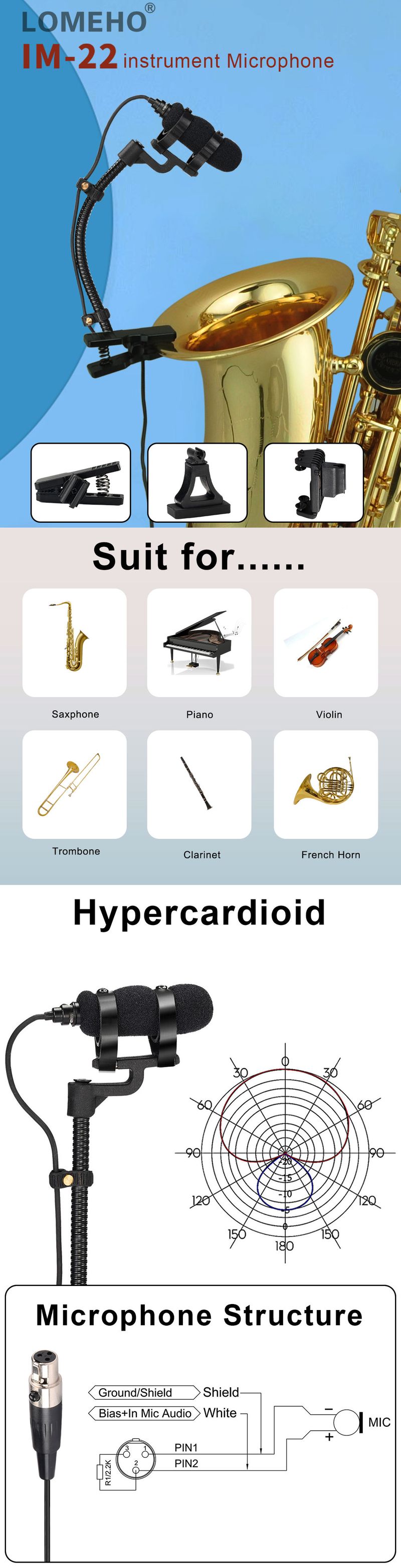 Microfono per sassofono LOMEHO a 3 pin XLR Plug Condensatore per strumento musicale con morsetto per violoncello Microfono per pianoforte con clip Performance_voghion.com