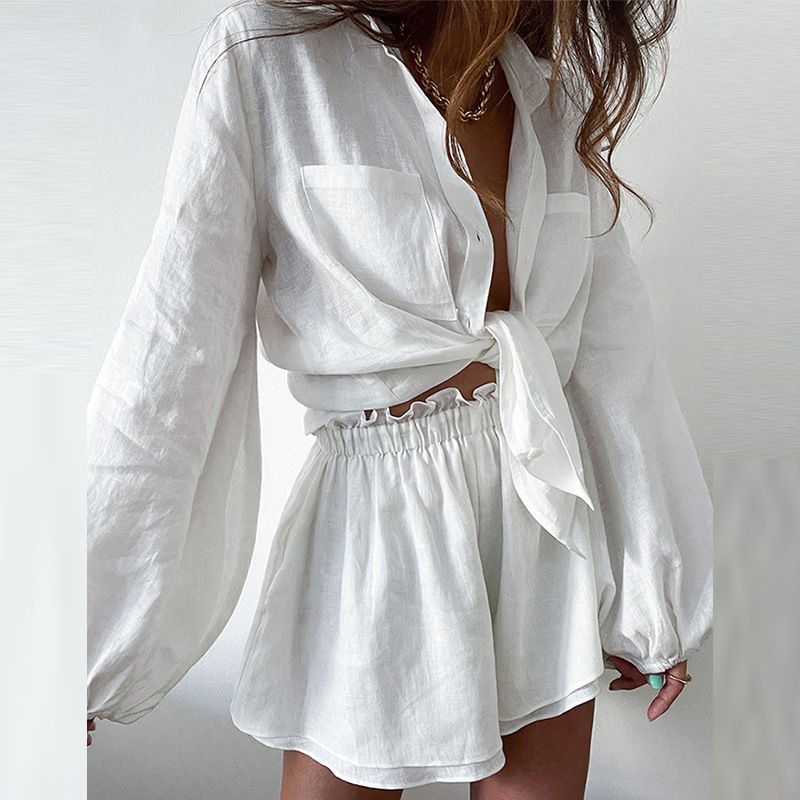 Summer New Women's Casual Fashion Solid Color Ruffle Shorts Shirt Set_voghion.com