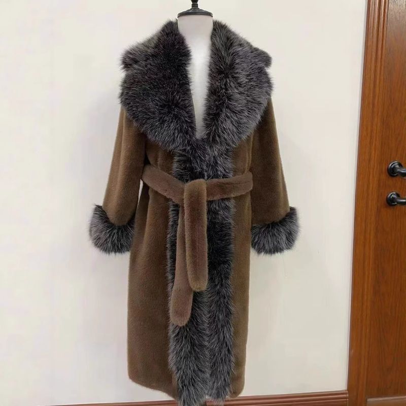 Eleganter Kunstpelzmantel Damen Langer Trenchcoat Mit Gürtel Slim Fit Winterjacke Modische Oberbekleidung, Kunstpelzmäntel_voghion.com