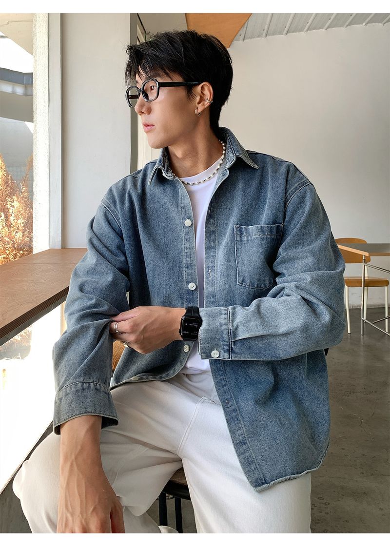 Vintage-Jeanshemd für Herren – Distressed Washed Oversized Chambray Work Shirt (M-XXL, Schwarz/Retro-Blau/Helle Waschung, Herbst-Casual-Essential)_voghion.com