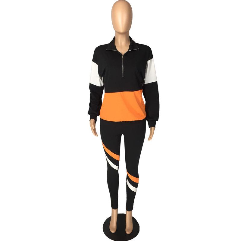 Zweiteiliger Freizeit-Sportanzug für Damen im Farb-Patchwork-Design_voghion.com