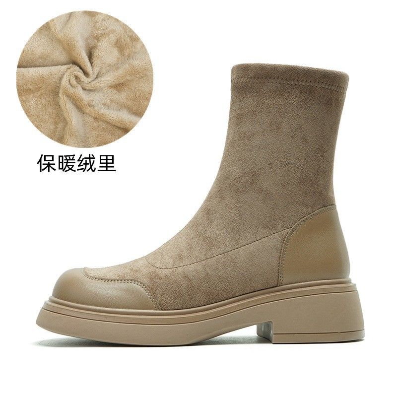 Botas femininas de camurça estilo coreano, bico redondo, meia curta, sola grossa, plataforma, elástica, slim, outono inverno, novas botas Martin_voghion.com