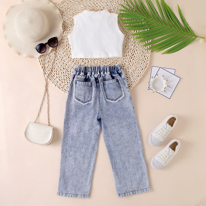 Babykleidung Kinderkleid Mädchen Sommer Pit Strip einfarbig ärmellos trägerloser Pullover zerrissene Denimhose zweiteiliges Set_voghion.com