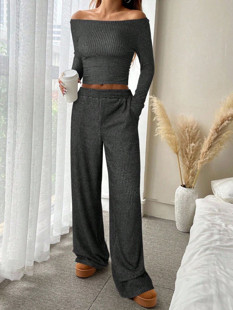 "Chic Long-Sleeve Boat Neck Top & Elastic Waist Wide-Leg Pants Set – Comfortable & Stylish Outfit"_voghion.com