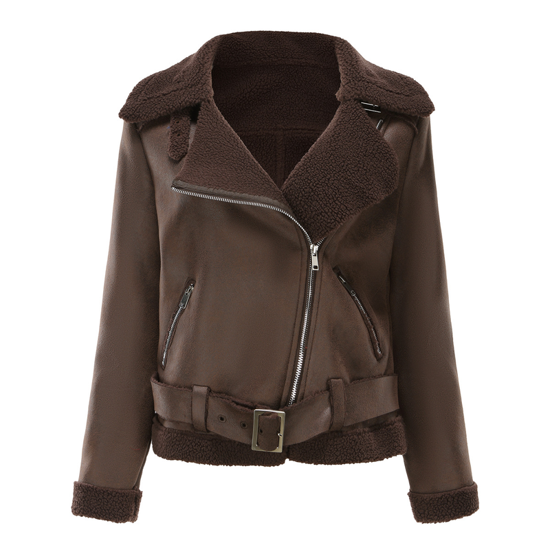 Damenbekleidung Herbst und Winter Pelz Integrierte warme Wildlederjacke Ledermantel Gürtel Reversmantel_voghion.com