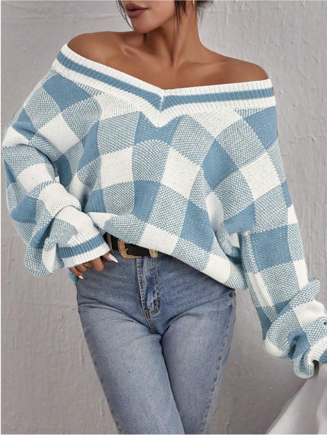 Maglione lavorato a maglia versatile a maniche lunghe con scollo a V, casual e scozzese, per donna, autunno inverno_voghion.com