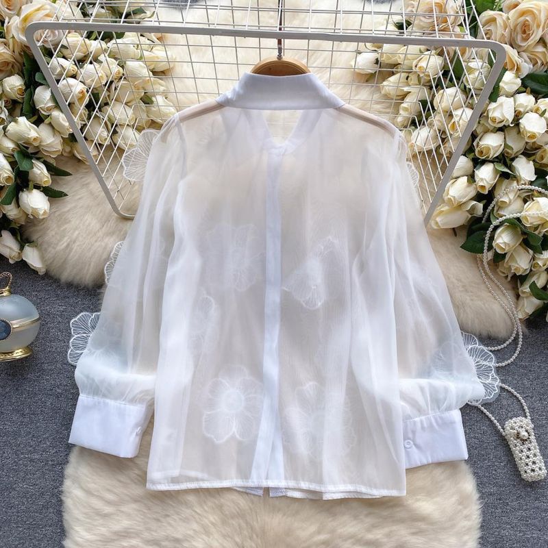 Dammekleeder Western-Stil Perlen-Pailletten-Dräidimensional Blummehemd fir Fraen Fréijoers-Nei-Modell Perspektiv-Mesh Franséisch Top_voghion.com