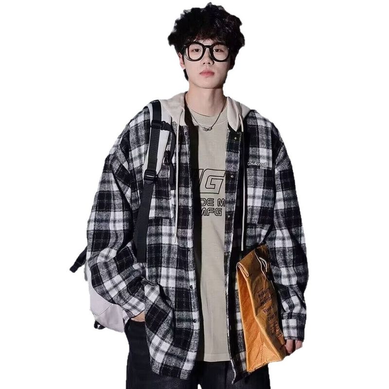 Felpa con cappuccio a quadri larga, stile pigro, unisex, versione coreana, cardigan casual, giacca nera_voghion.com